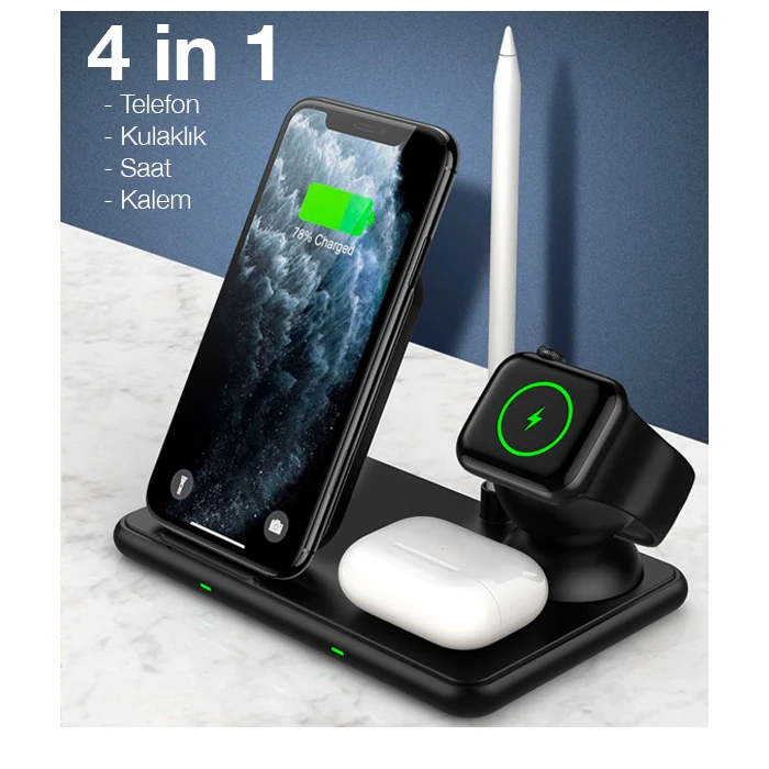 ALLY W58 15W Qi Hızlı Şarj 4 in 1 iPhone+ AirPods Pro Kablosuz Şarj Standı-(5775) - Siyah