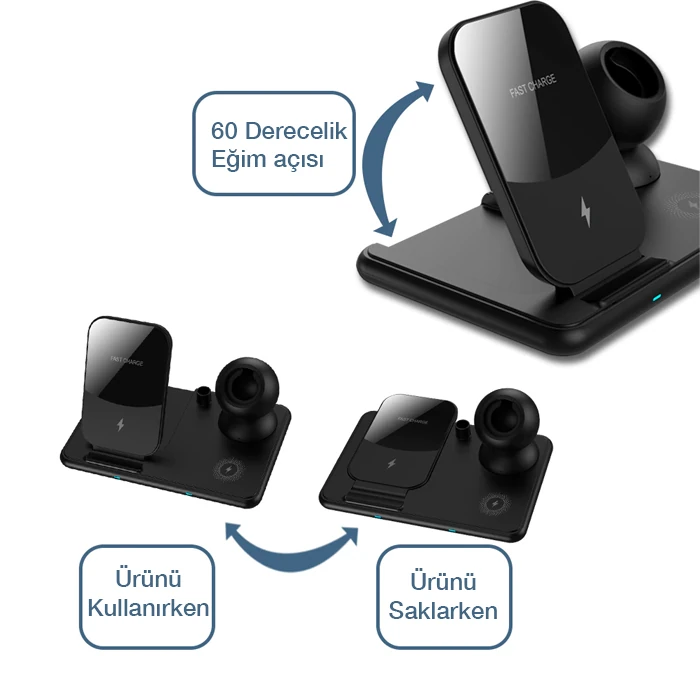 ALLY W58 15W Qi Hızlı Şarj 4 in 1 iPhone+ AirPods Pro Kablosuz Şarj Standı-(5775) - Siyah