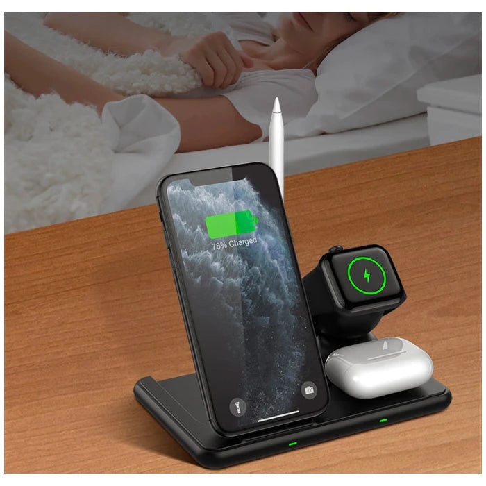 ALLY W58 15W Qi Hızlı Şarj 4 in 1 iPhone+ AirPods Pro Kablosuz Şarj Standı-(5775) - Siyah