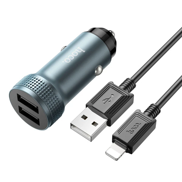 HOCO Z49 Çift USB Girişli Araç Şarj Başlık + USB To iPhone Lightning Kablo-(5775) - Siyah