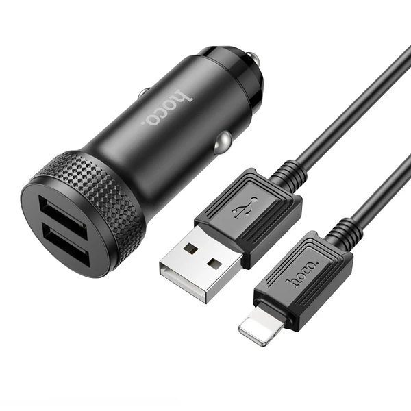 HOCO Z49 Çift USB Girişli Araç Şarj Başlık + USB To iPhone Lightning Kablo-(5775) - Siyah
