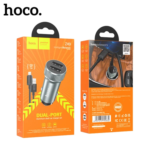 HOCO Z49 Çift USB Girişli Araç Şarj Başlık + USB To iPhone Lightning Kablo-(5775) - Siyah