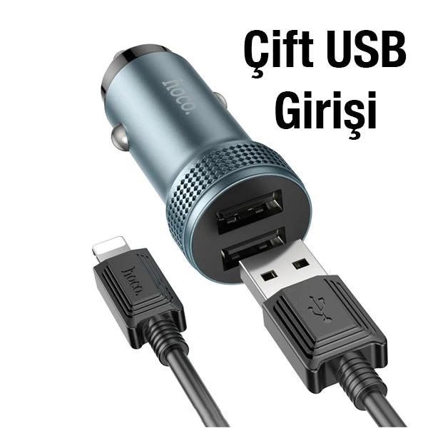 HOCO Z49 Çift USB Girişli Araç Şarj Başlık + USB To iPhone Lightning Kablo-(5775) - Siyah