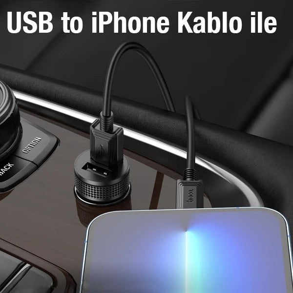 HOCO Z49 Çift USB Girişli Araç Şarj Başlık + USB To iPhone Lightning Kablo-(5775) - Siyah