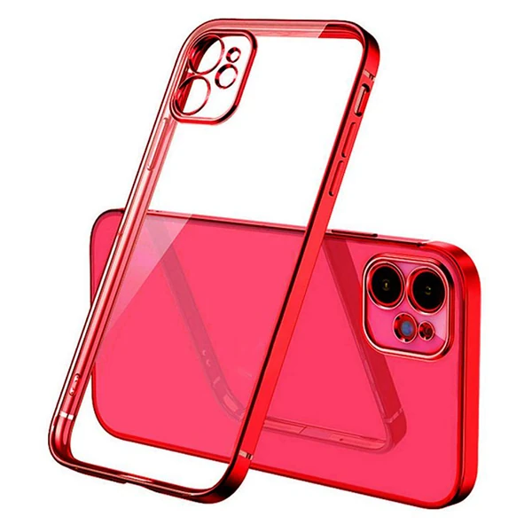 iPhone 12 Mini 5.4inç Renkli Kenar Şeffaf Kılıf Kamera Korumalı Kılıf-(5775) - Kırmızı