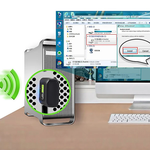 ALLY Çift Bant 600 Mbps 2.4 GHz +5 GHz USB Kablosuz Wifi Adaptör-(5775) - Siyah