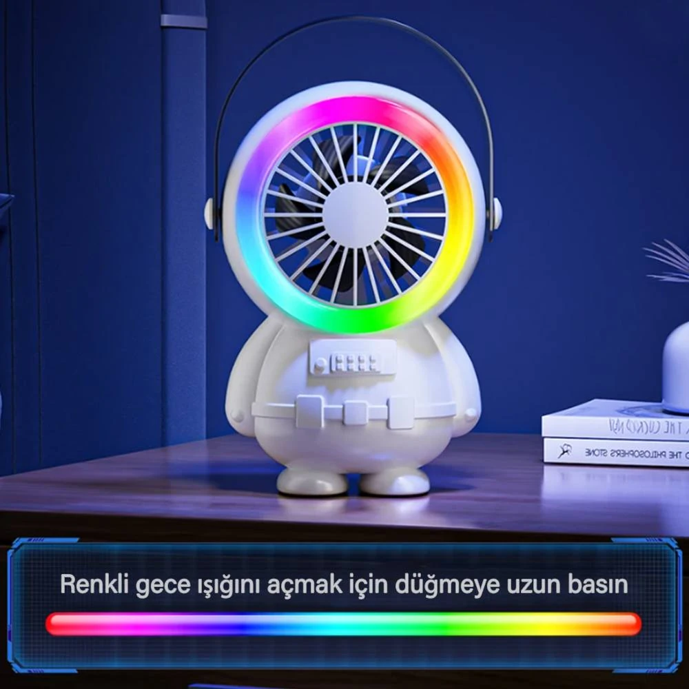 Ally Şarjlı Astronot Fan Vantilatör Taşınabilir El - Masa Üstü Vantilatör 1500mAh-(5775) - Beyaz