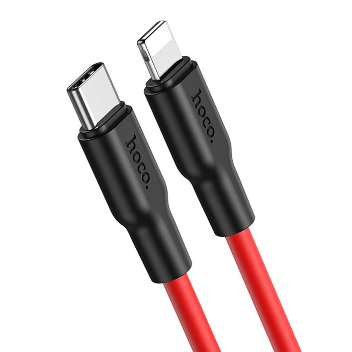 HOCO X21 Plus PD 20W Type-C to iPhone Lightning Silikon Hızlı Şarj ve Data Kablosu-(5775) - Siyah-Kırmızı