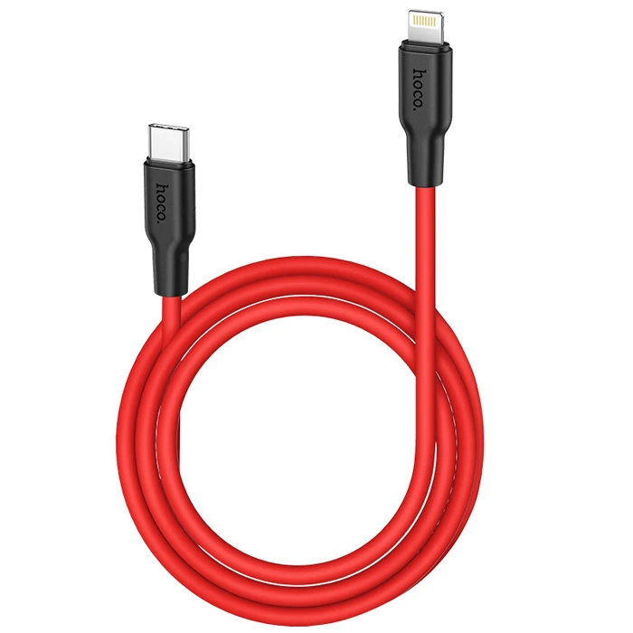 HOCO X21 Plus PD 20W Type-C to iPhone Lightning Silikon Hızlı Şarj ve Data Kablosu-(5775) - Siyah-Kırmızı