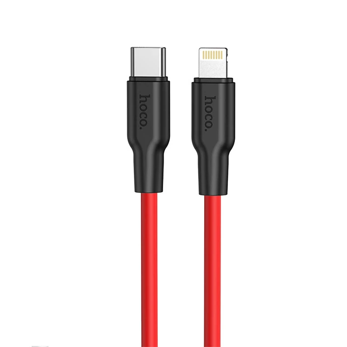 HOCO X21 Plus PD 20W Type-C to iPhone Lightning Silikon Hızlı Şarj ve Data Kablosu-(5775) - Siyah-Kırmızı