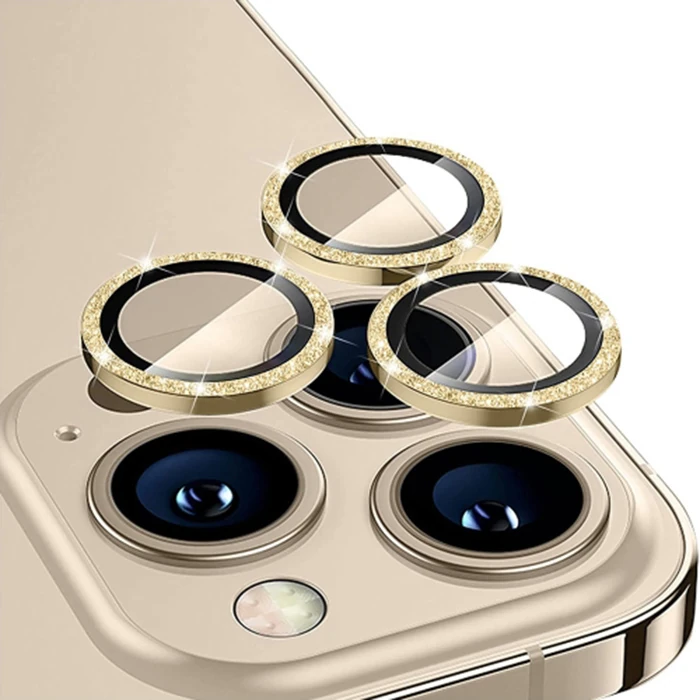 ALLY iPhone 14 Pro-14 Pro Max Diamond Taş İşlemeli Alüminyum Alaşımlı Kamera Lens Koruyucu-(5775) - Gold