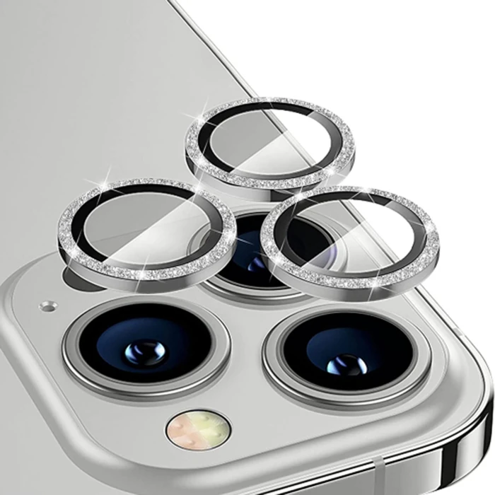 ALLY iPhone 14 Pro-14 Pro Max Diamond Taş İşlemeli Alüminyum Alaşımlı Kamera Lens Koruyucu-(5775) - Gold
