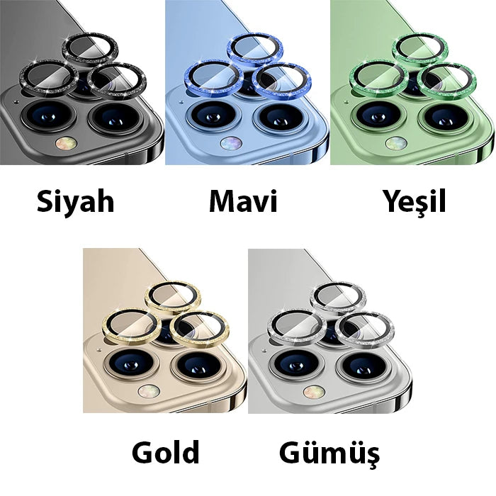 ALLY iPhone 14 Pro-14 Pro Max Diamond Taş İşlemeli Alüminyum Alaşımlı Kamera Lens Koruyucu-(5775) - Yeşil