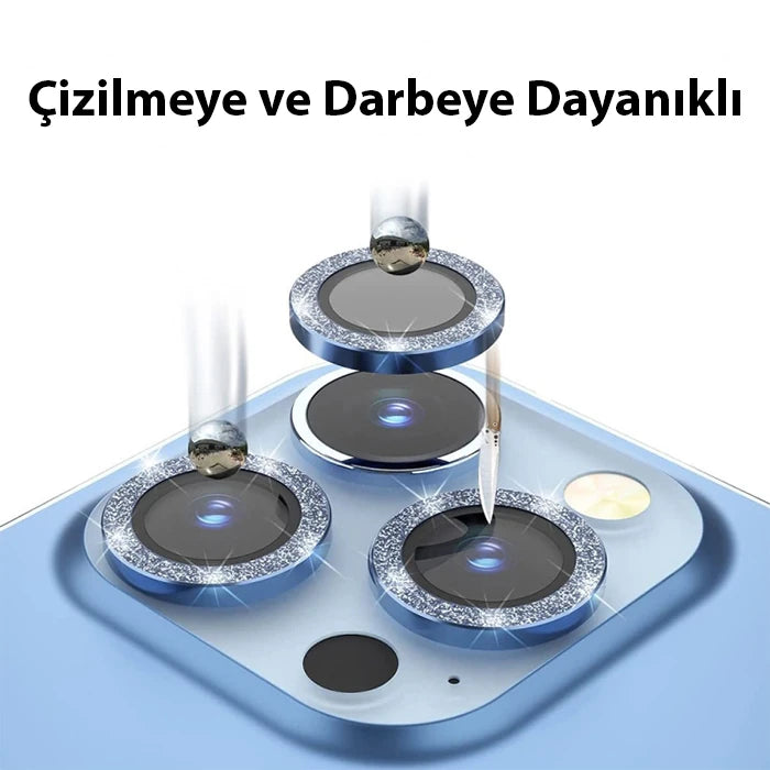 ALLY iPhone 14 Pro-14 Pro Max Diamond Taş İşlemeli Alüminyum Alaşımlı Kamera Lens Koruyucu-(5775) - Gold