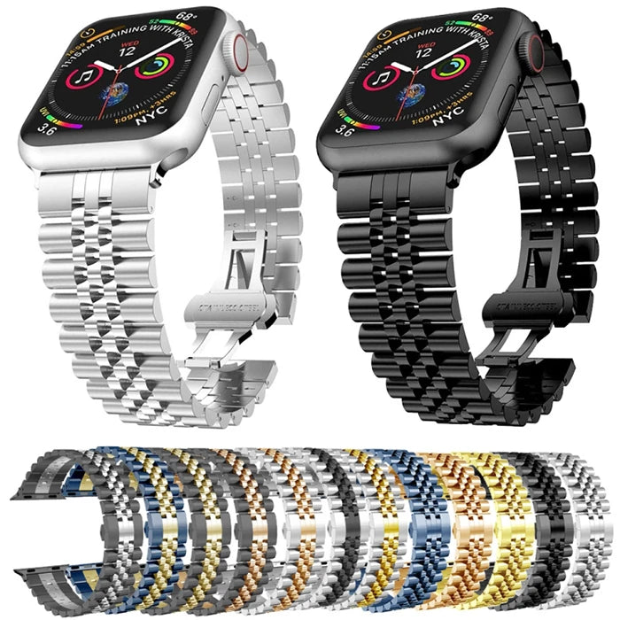 Ally Apple Watch 7-8 41mm 6-5-4 40mm Kayış Kordon Paslanmaz Çelik 3-2-1 38mm-(5775) - Siyah & Gold
