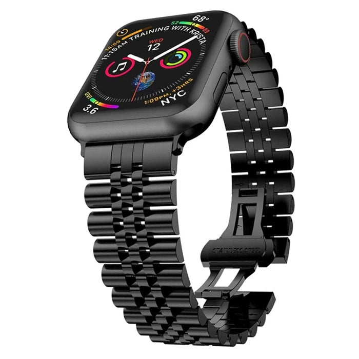 Ally Apple Watch 7-8 41mm 6-5-4 40mm Kayış Kordon Paslanmaz Çelik 3-2-1 38mm-(5775) - Siyah & Gold