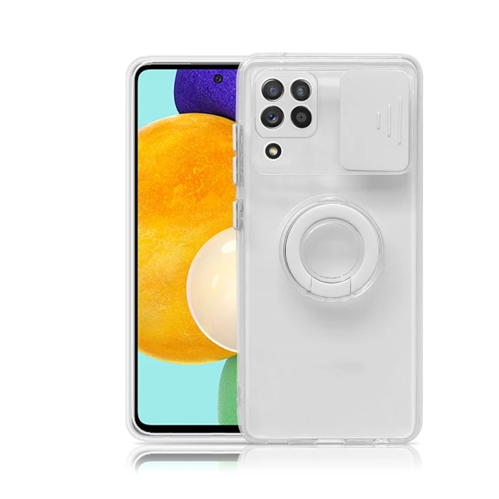 SM Galaxy A12 - M12 - F12 Kılıf Sürgülü Kamera Lens Korumalı Yüzük Standlı Silikon Kılıf-(5775) - Pembe