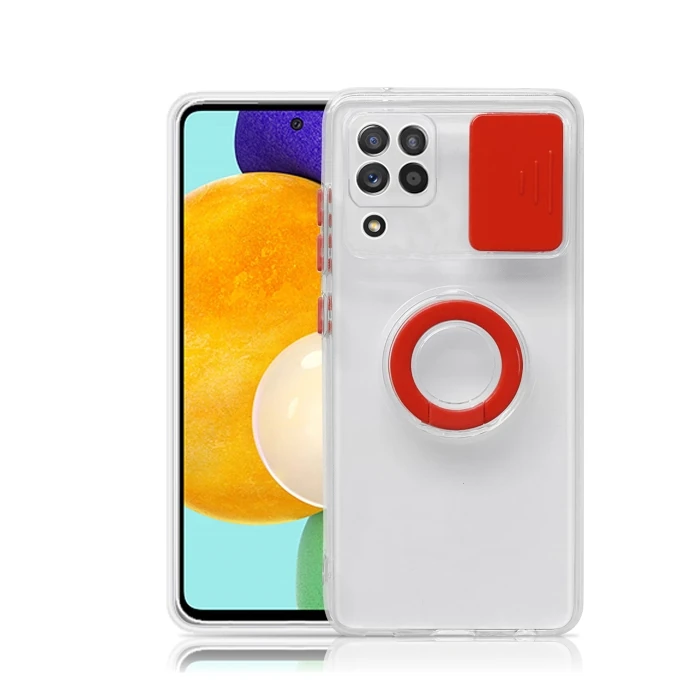 SM Galaxy A12 - M12 - F12 Kılıf Sürgülü Kamera Lens Korumalı Yüzük Standlı Silikon Kılıf-(5775) - Pembe