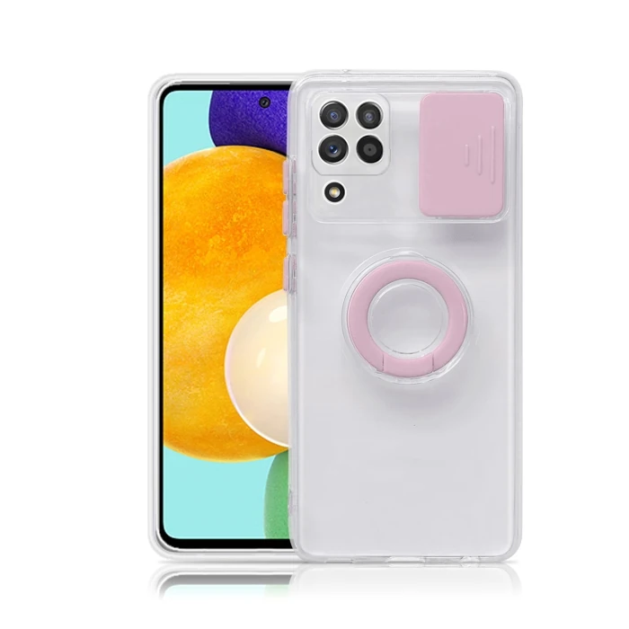 SM Galaxy A12 - M12 - F12 Kılıf Sürgülü Kamera Lens Korumalı Yüzük Standlı Silikon Kılıf-(5775) - Pembe