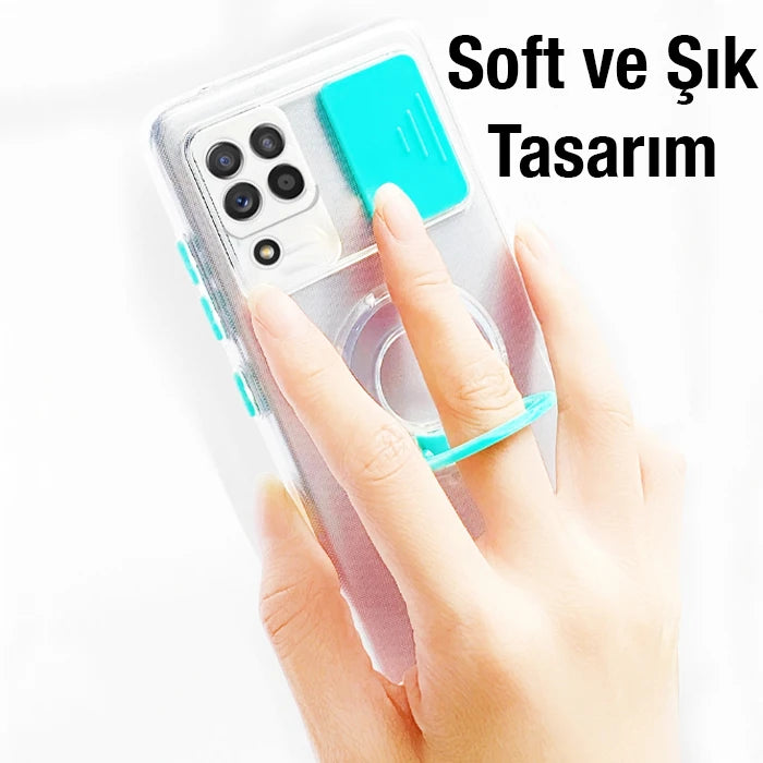 SM Galaxy A12 - M12 - F12 Kılıf Sürgülü Kamera Lens Korumalı Yüzük Standlı Silikon Kılıf-(5775) - Pembe