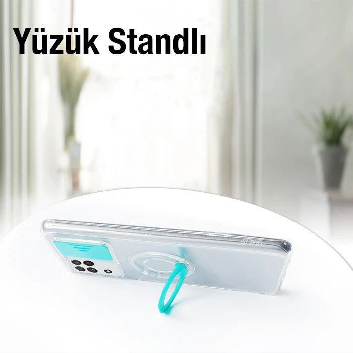SM Galaxy A12 - M12 - F12 Kılıf Sürgülü Kamera Lens Korumalı Yüzük Standlı Silikon Kılıf-(5775) - Pembe