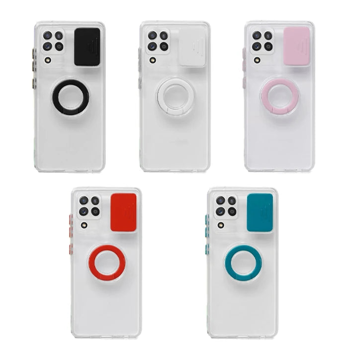 SM Galaxy A12 - M12 - F12 Kılıf Sürgülü Kamera Lens Korumalı Yüzük Standlı Silikon Kılıf-(5775) - Pembe