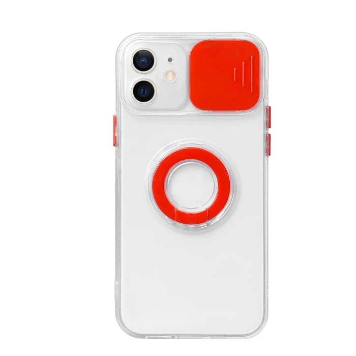 Ally iPhone 11 6.1inç Kılıf Sürgülü Kamera Lens Korumalı Yüzük Standlı Silikon Kılıf-(5775) - Beyaz