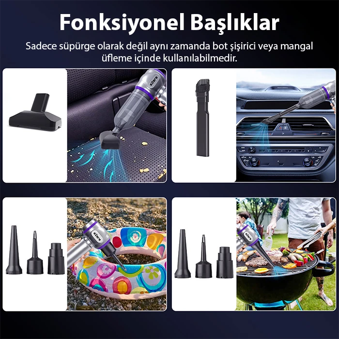 EZERE 16000pa Güçlü Portatif Taşınabilir Vakumlu Kablosuz Üflemeli Mini Araç Süpürgesi-(5775) - Siyah