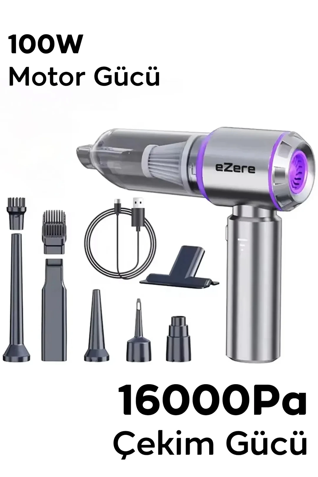EZERE 16000pa Güçlü Portatif Taşınabilir Vakumlu Kablosuz Üflemeli Mini Araç Süpürgesi-(5775) - Siyah