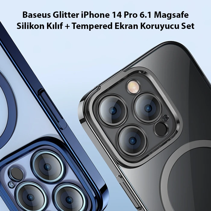 Baseus Glitter iPhone 14 Pro 6.1 Magsafe Silikon Kılıf + Tempered Ekran Koruyucu Set-(5775) - Mavi