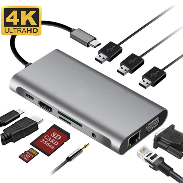 ALLY 10 İN 1 HDMI VGA RJ45 PD USB 3.0 HUB Adaptör Çoklayıcı-(5775) - Gri
