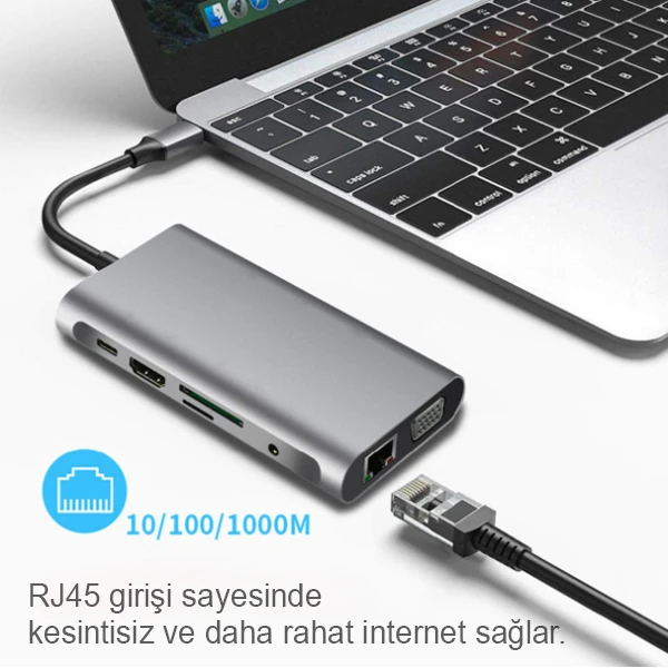ALLY 10 İN 1 HDMI VGA RJ45 PD USB 3.0 HUB Adaptör Çoklayıcı-(5775) - Gri