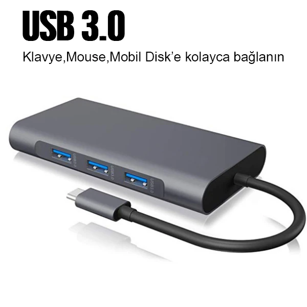 ALLY 10 İN 1 HDMI VGA RJ45 PD USB 3.0 HUB Adaptör Çoklayıcı-(5775) - Gri