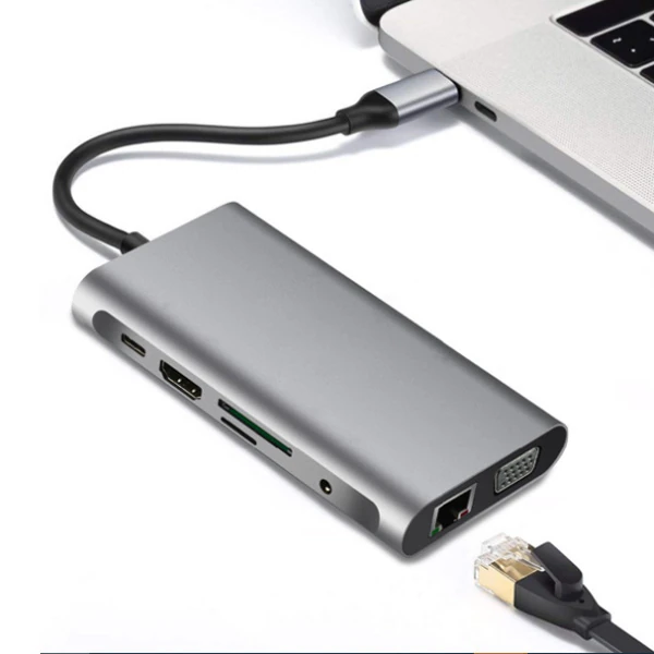 ALLY 10 İN 1 HDMI VGA RJ45 PD USB 3.0 HUB Adaptör Çoklayıcı-(5775) - Gri