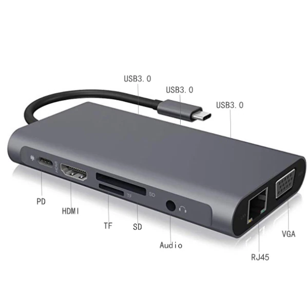 ALLY 10 İN 1 HDMI VGA RJ45 PD USB 3.0 HUB Adaptör Çoklayıcı-(5775) - Gri
