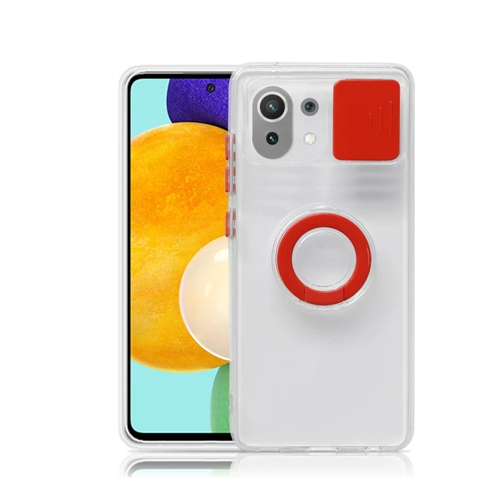 Xiaomi Mi 11 Lite Kılıf Sürgülü Kamera Lens Korumalı Yüzük Standlı Silikon Kılıf-(5775) - Yeşil