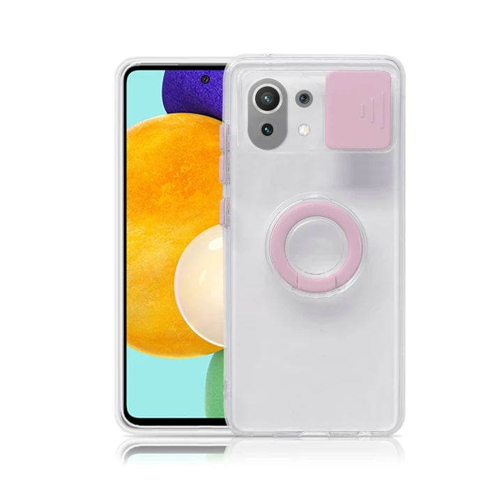 Xiaomi Mi 11 Lite Kılıf Sürgülü Kamera Lens Korumalı Yüzük Standlı Silikon Kılıf-(5775) - Yeşil