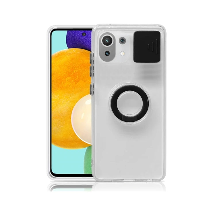 Xiaomi Mi 11 Lite Kılıf Sürgülü Kamera Lens Korumalı Yüzük Standlı Silikon Kılıf-(5775) - Pembe