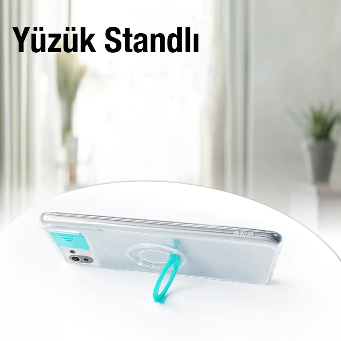 Xiaomi Mi 11 Lite Kılıf Sürgülü Kamera Lens Korumalı Yüzük Standlı Silikon Kılıf-(5775) - Yeşil