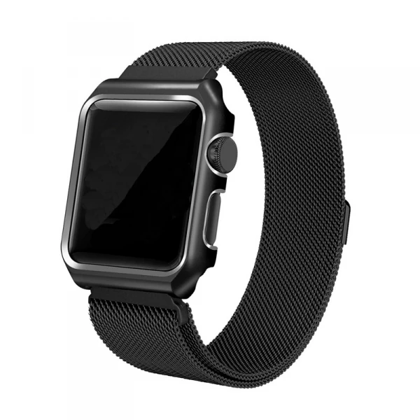 Ally Apple Watch 6-5-4 44mm Watch Ultra 49mm Metal Kayış Milano Loop+metal Kılıf-(5775) - Siyah