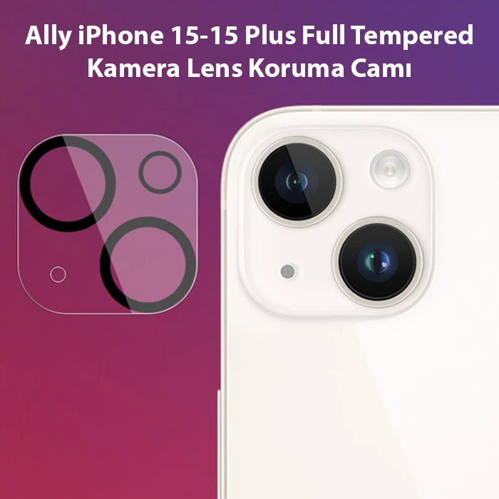 Ally iPhone 15-15 Plus Full Tempered Kamera Lens Koruma Camı-(5775) - Siyah