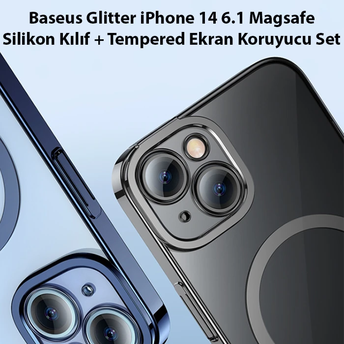 Baseus Glitter iPhone 14 6.1 Magsafe Silikon Kılıf + Tempered Ekran Koruyucu Set-(5775) - Mavi