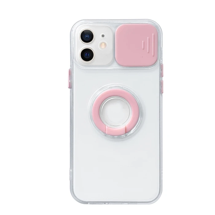 Ally iPhone 12 Mini 5.4inç Kılıf Sürgülü Kamera Lens Korumalı Yüzük Standlı Silikon Kılıf-(5775) - Yeşil