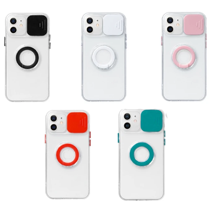 Ally iPhone 12 Mini 5.4inç Kılıf Sürgülü Kamera Lens Korumalı Yüzük Standlı Silikon Kılıf-(5775) - Yeşil