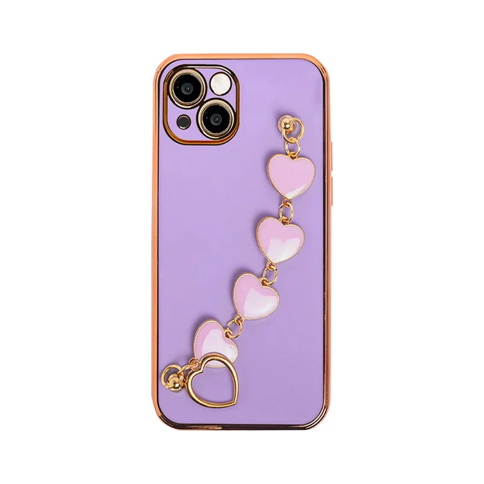 Ally iPhone 13 Mini 5.4inç Kılıf Kalp Bileklik Tutuculu Lüx Silikon Askılı Kılıf-(5775) - Pembe