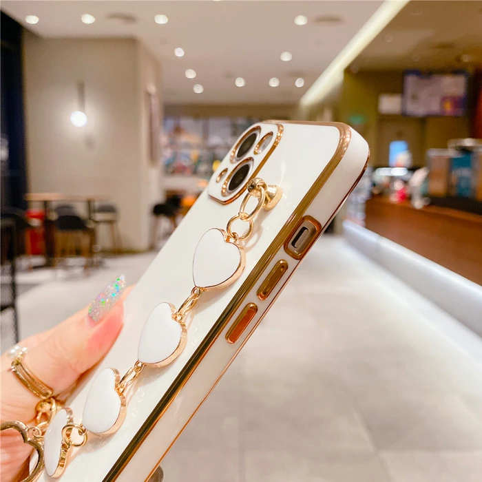 Ally iPhone 13 Mini 5.4inç Kılıf Kalp Bileklik Tutuculu Lüx Silikon Askılı Kılıf-(5775) - Pembe