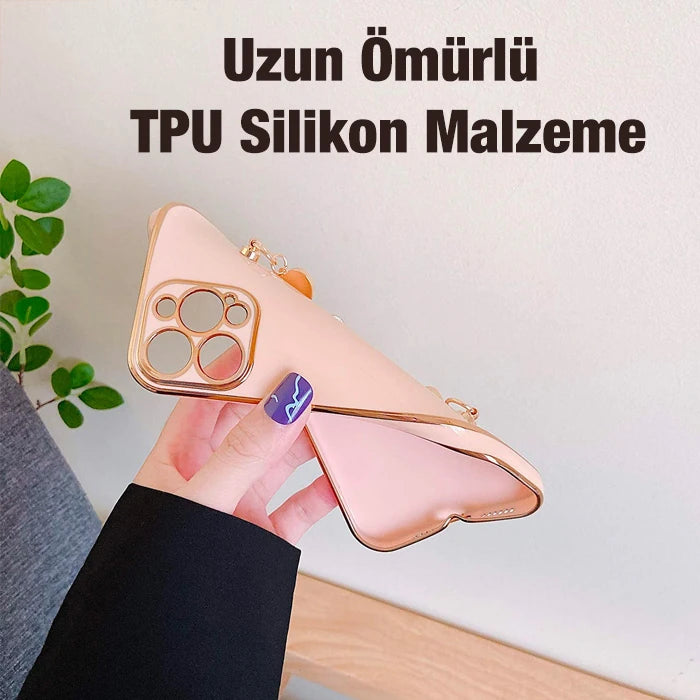 Ally iPhone 13 Mini 5.4inç Kılıf Kalp Bileklik Tutuculu Lüx Silikon Askılı Kılıf-(5775) - Pembe