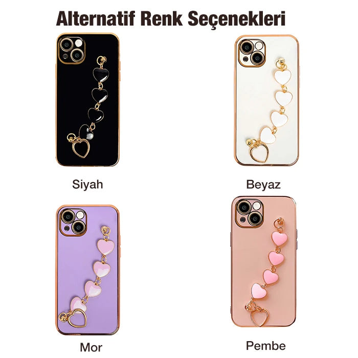 Ally iPhone 13 Mini 5.4inç Kılıf Kalp Bileklik Tutuculu Lüx Silikon Askılı Kılıf-(5775) - Beyaz