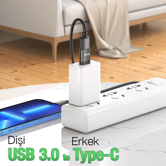 HOCO UA17 Erkek Type-C to Dişi USB Dönüştürücü Çevirici Adaptör-(5775) - Siyah