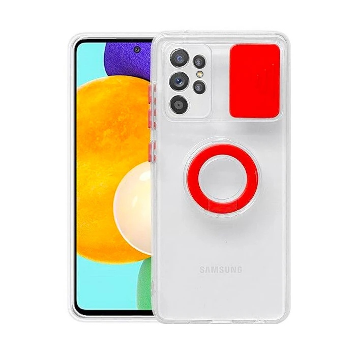 Ally SM Galaxy S21 Ultra S30 Ultra Kılıf Sürgülü Kamera Lens Korumalı Yüzük Standlı Silikon Kılıf-(5775) - Kırmızı